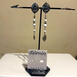 Vintage Dalessio Design Chicago Silver Tone & White Bead Dangle Earrings Clip On